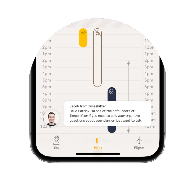 Smartphone screen showing the Timeshifter app interface with a message from Jacob, a cofounder, offering help with trip planning.