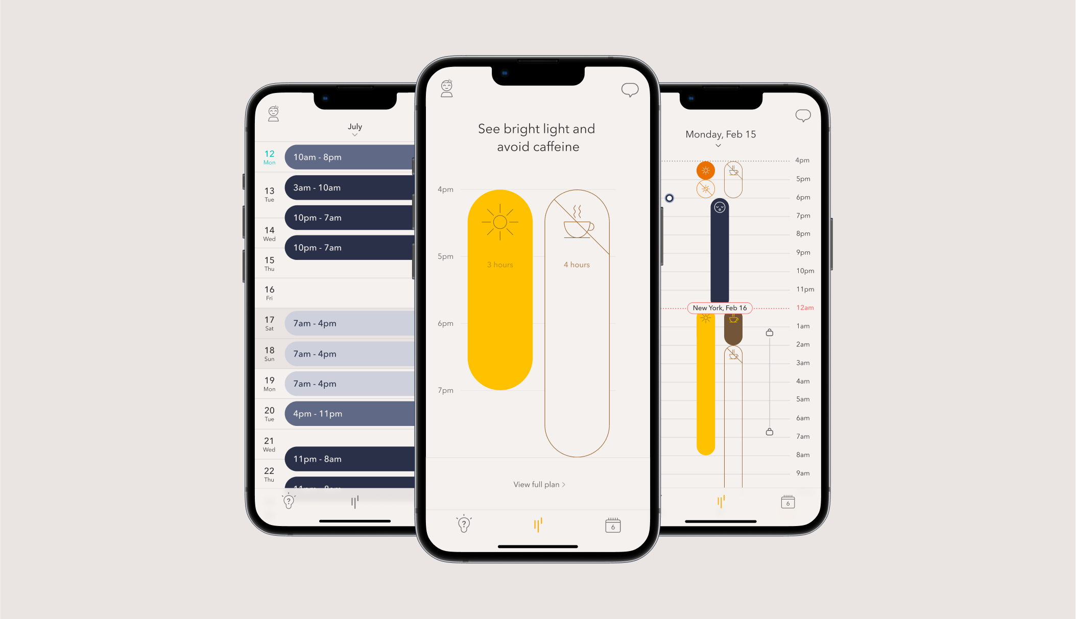 Three smartphones displaying a shift work scheduling app with timelines for shifts, advice to see bright light and avoid caffeine, and a detailed daily schedule with icons for light exposure and caffeine.