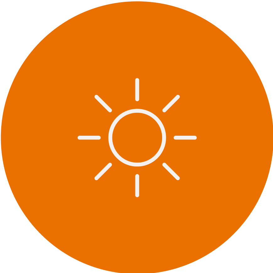 White sun icon with rays in the center of an orange circle.