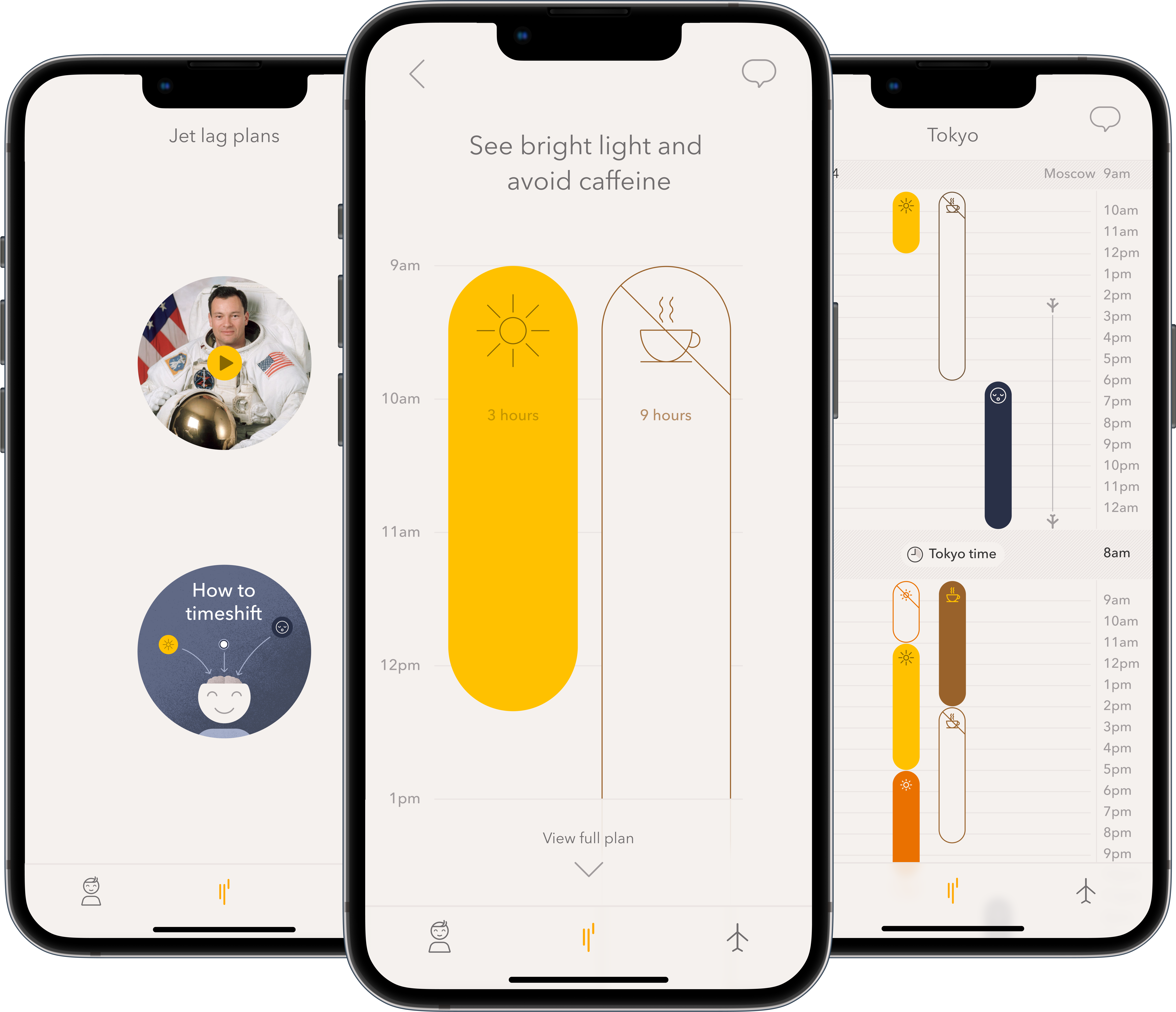Timeshifter jet lag app product screenshots on iOS and Android