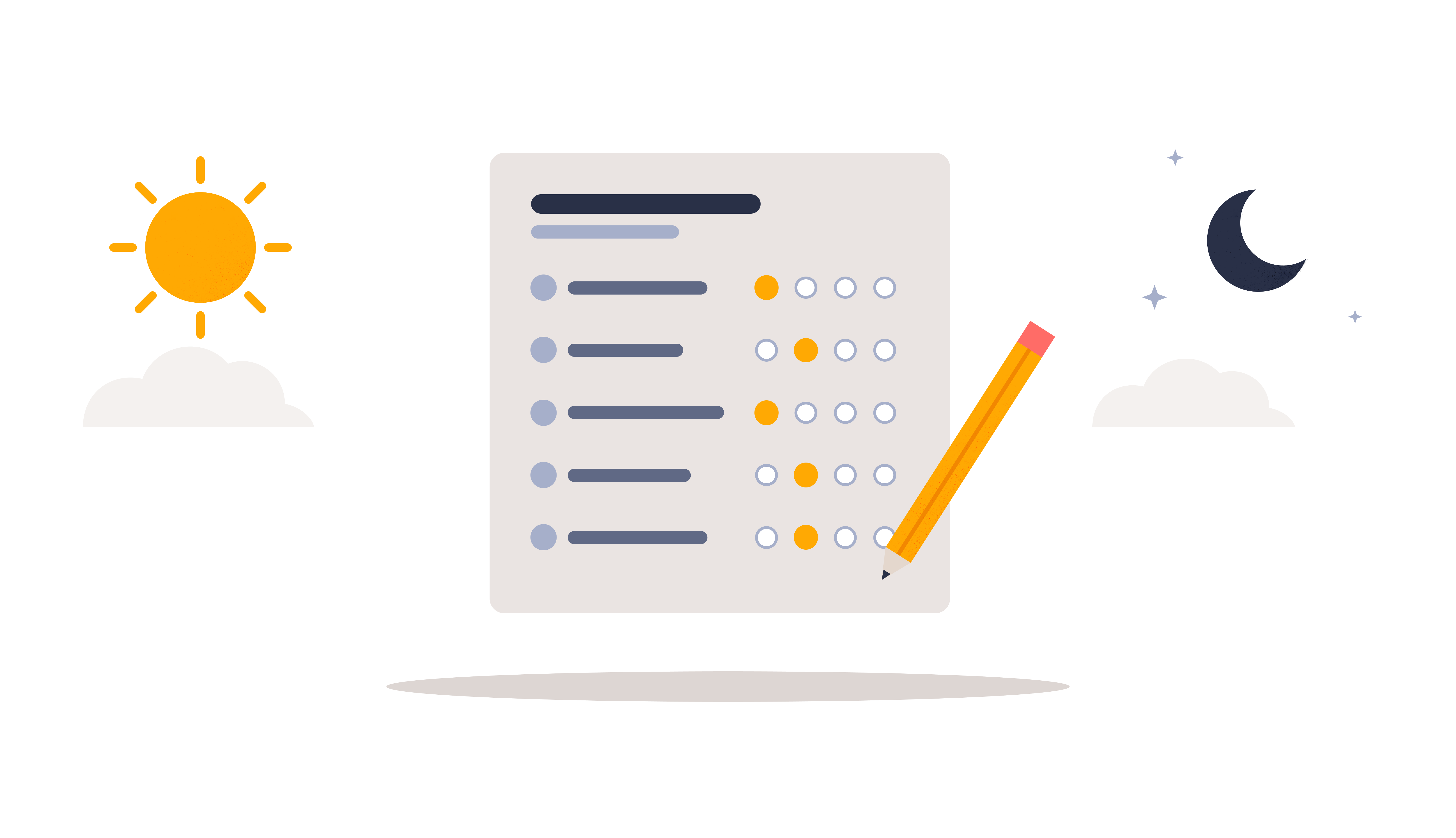 Chronotype quiz illustration with a morning lark, a night owl and a questionnaire