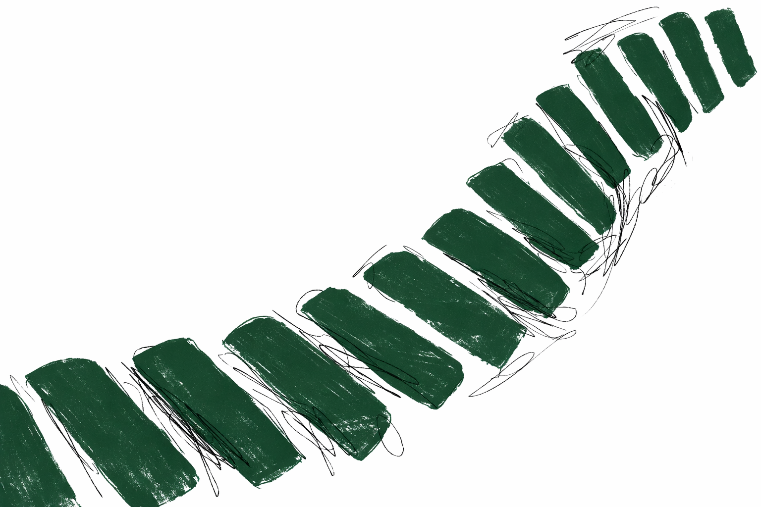 Abstract green brushstroke rectangles resembling marimba keys arranged in a curved pattern on a white background with black scribble accents.