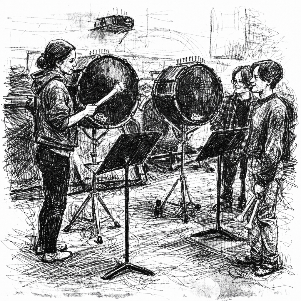 Black and white sketch of Marissa instructing two students playing large bass drums with mallets in a rehearsal room.