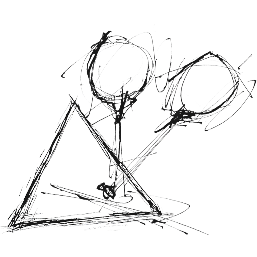 Abstract black scribble drawing resembling two maracas and a triangle
