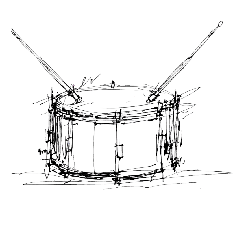 Sketch of a snare drum with two drumsticks positioned above it.