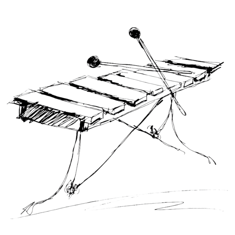 Sketch of a xylophone with two mallets resting on the bars.