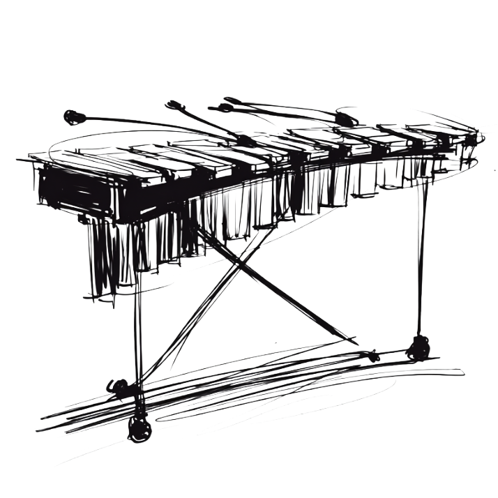 Black sketch of a vibraphone with mallets resting on the bars and a stand with crossed legs.