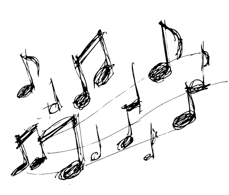 Hand-drawn black sketch of musical notes on a curved staff.