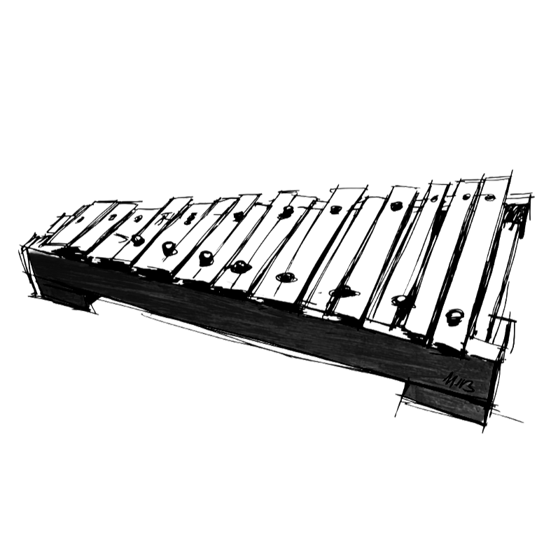 Black and white sketch of a glockenspiel musical instrument with metal bars arranged in two rows on a wooden frame.