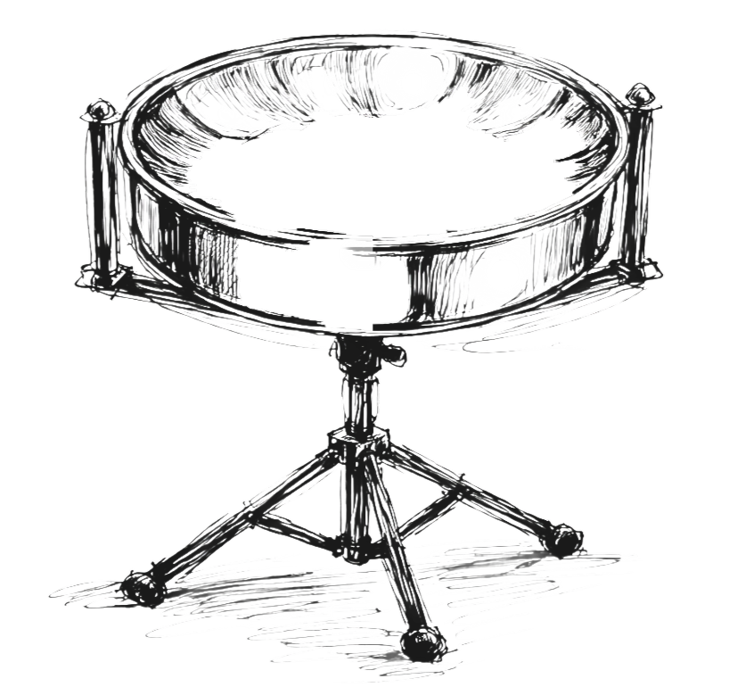 Black line sketch of a steel drum mounted on a tripod stand.