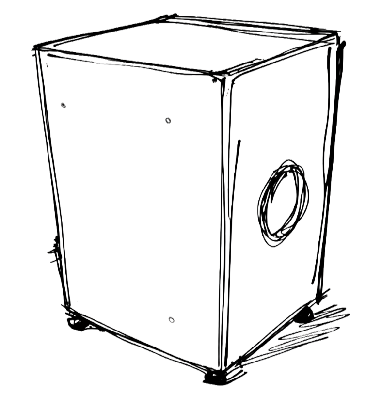 Black sketch of a cajón drum showing front and side with sound hole.