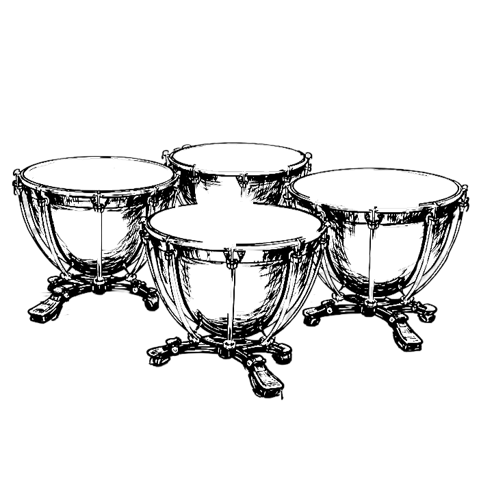 Black line illustration of four timpani drums arranged in a group.