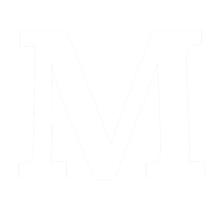 Bold white capital letter M on a transparent background.