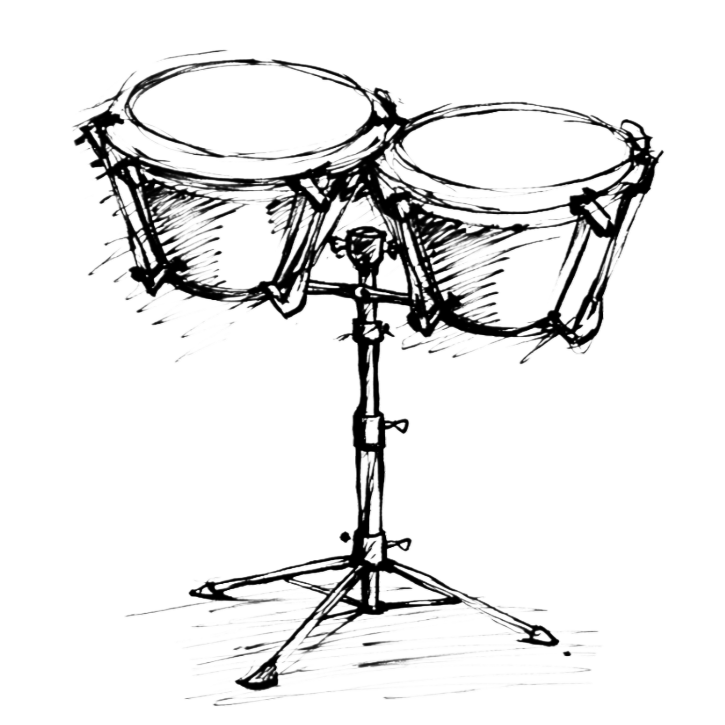 Black line sketch of two bongo drums on a tripod stand.