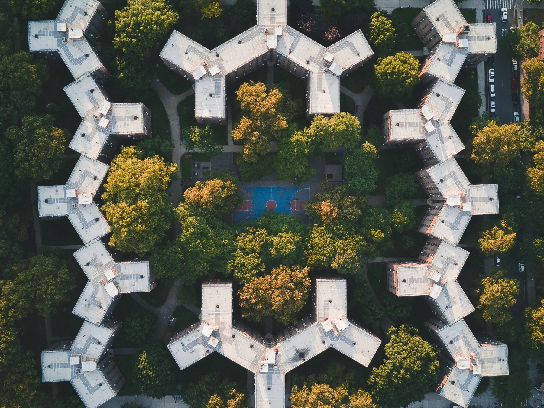 Aerial view of enclosed circular community infrastructure showing centralized layout and dense occupancy