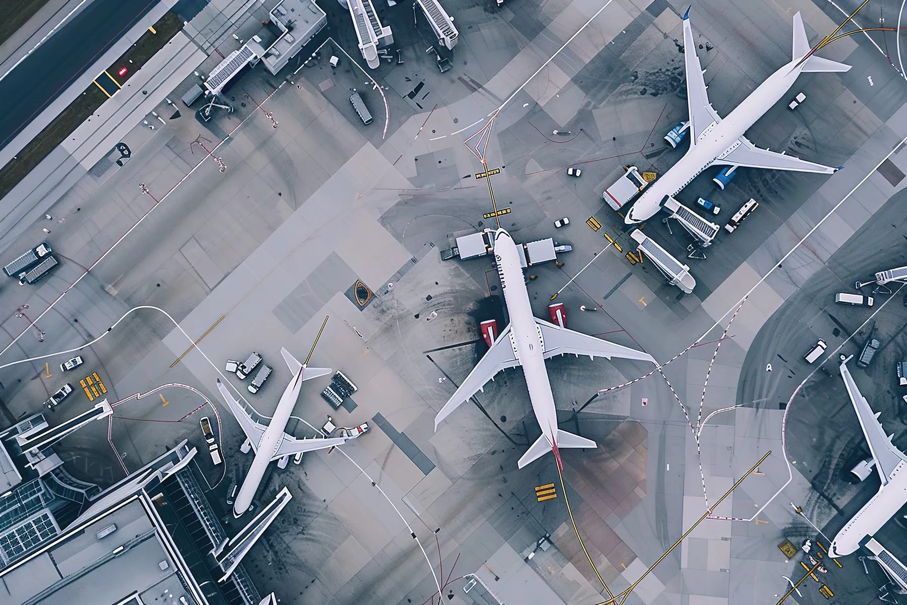 Aerial view of commercial aircraft on airport tarmac