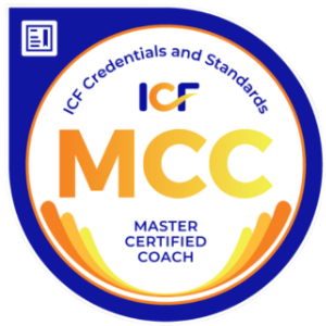 Circular badge with text 'ICF Credentials and Standards', 'ICF', 'MCC', and 'Master Certified Coach' in blue and orange colors.
