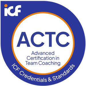ICF ACTC badge for Advanced Certification in Team Coaching with ICF Credentials & Standards text.