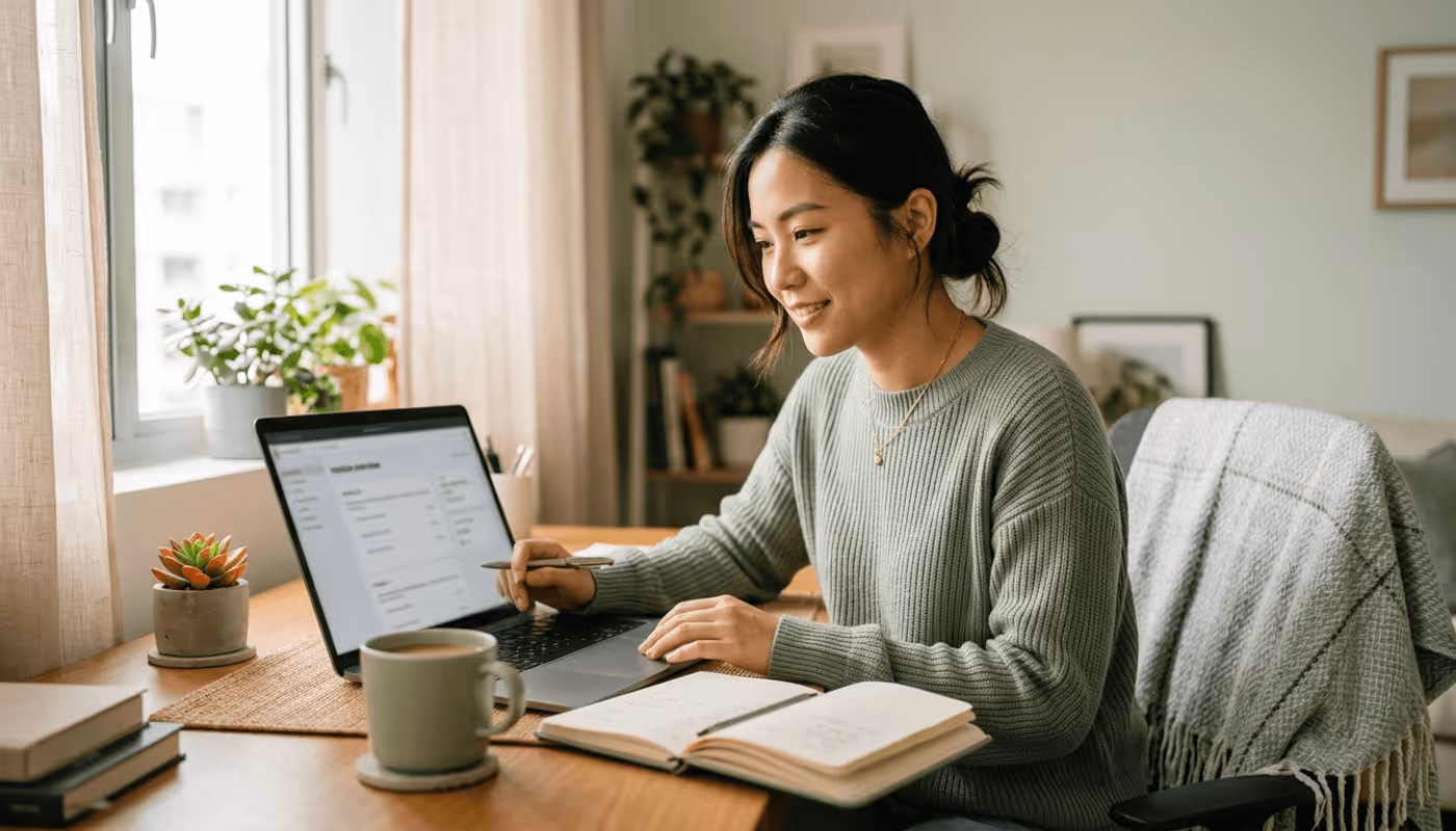 Woman learning at a cozy home workspace