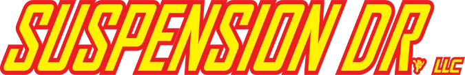Text logo reading 'SUSPENSION DR LLC' in bold yellow letters with red outline on a red background.