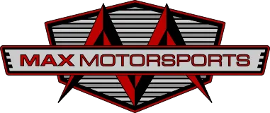 Max Motorsports logo with a stylized red and gray geometric emblem and the company name in bold red letters on a gray banner.
