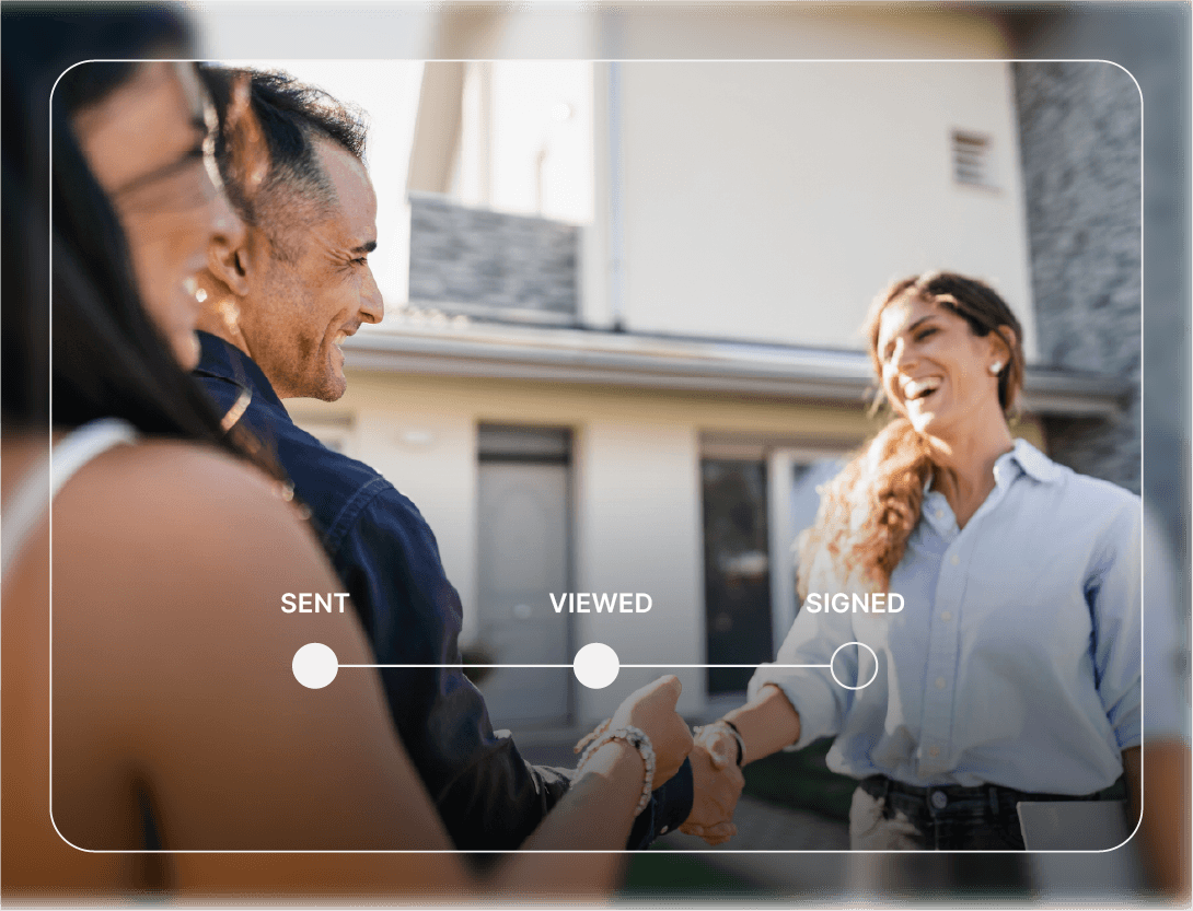 Real estate agent and new homeowners shaking hands, with a step-by-step deal timeline in the foreground.