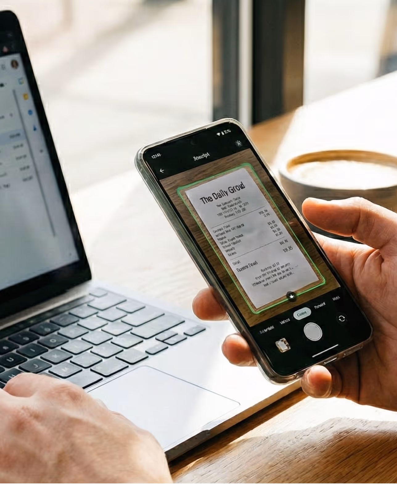 Person scanning a receipt with a smartphone while using a laptop on a wooden table with a coffee cup nearby.
