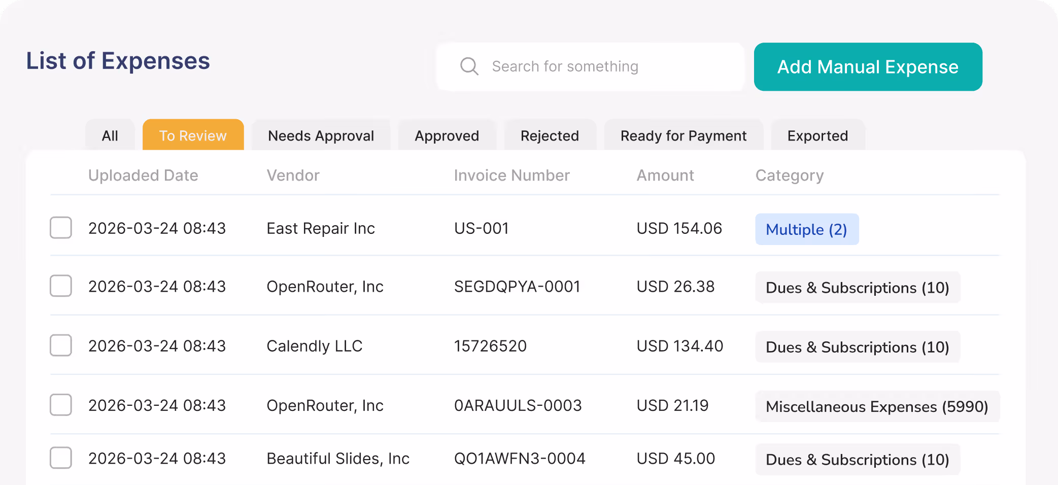Expense list showing items to review, including vendors East Repair Inc, OpenRouter Inc, Calendly LLC, and Beautiful Slides Inc, with invoice numbers, amounts in USD, and categories like Dues & Subscriptions and Miscellaneous Expenses.