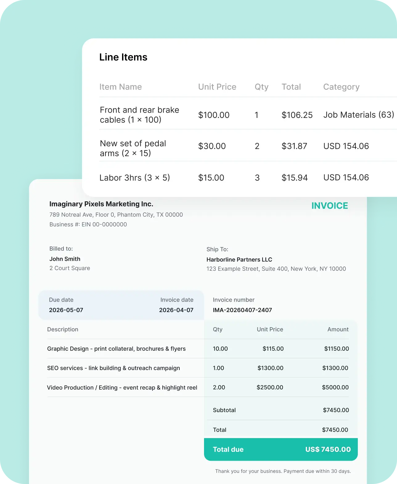 Invoice showing line items for front and rear brake cables, new pedal arms, and labor with quantities, unit prices, subtotal, tax, total amount due of US$154.06, and John Smith's signature.