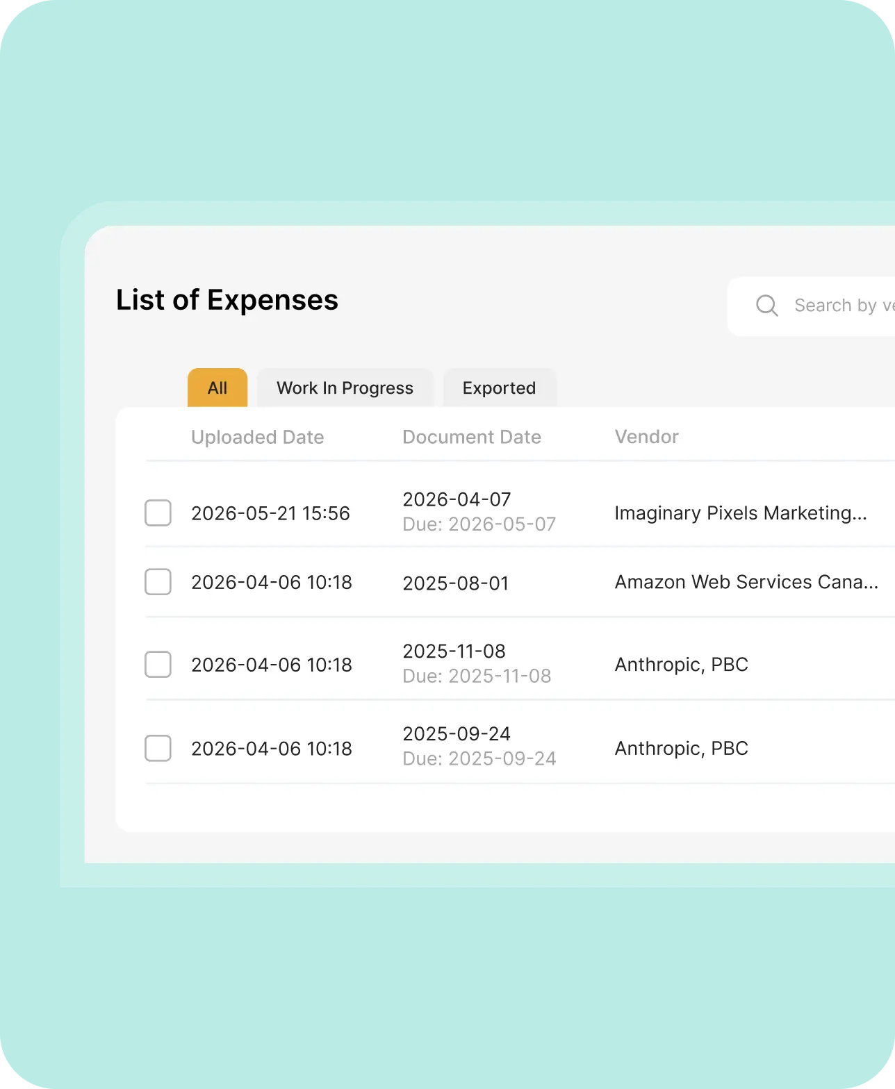 Expense list with columns for uploaded date, vendor, invoice number, and amount in USD; 'To Review' tab selected with five entries.