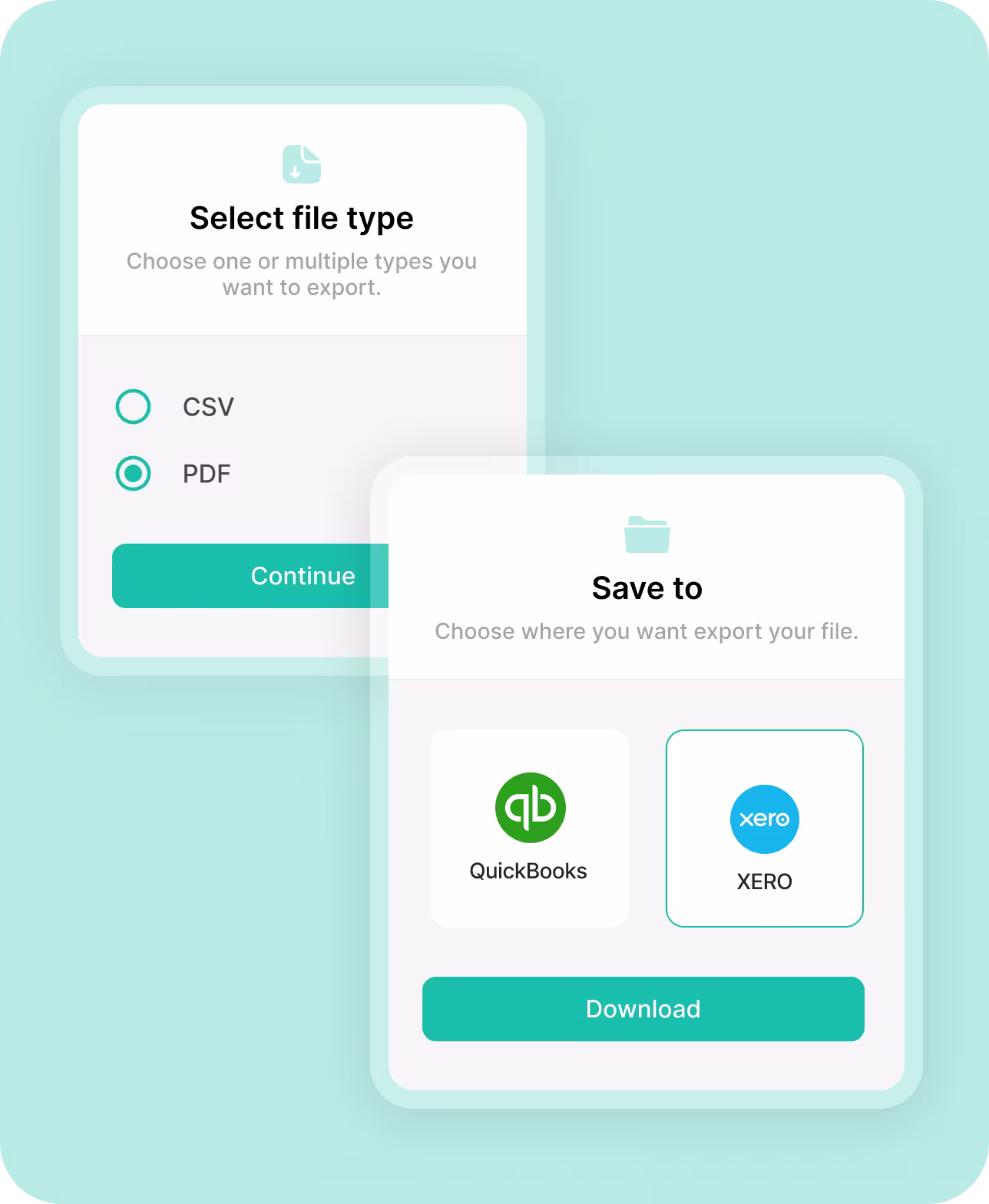 Screen interface for exporting files showing selection of file type PDF and options to save to QuickBooks or XERO with a Download button.