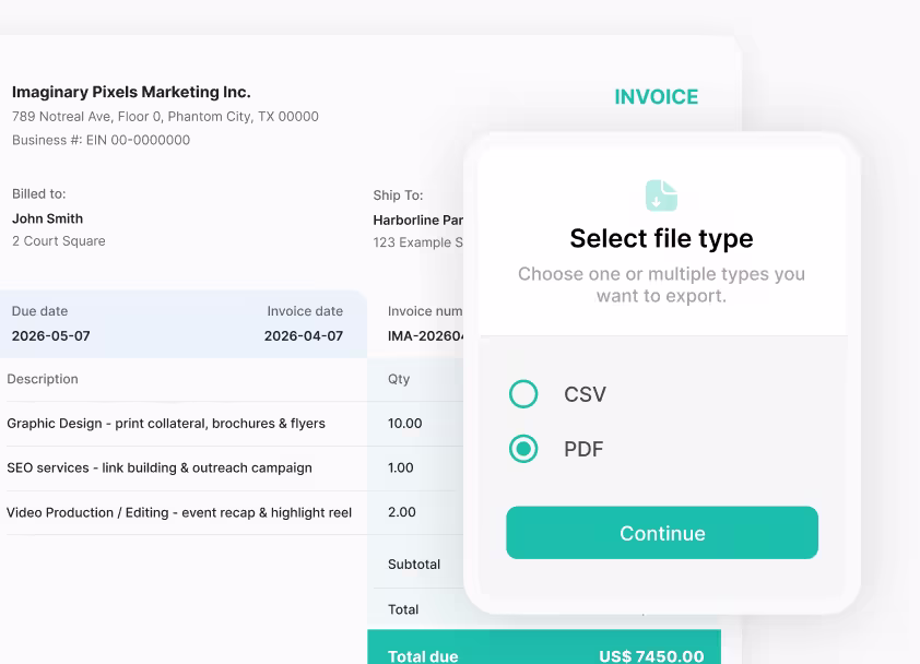 Invoice from East Repair Inc. to John Smith listing brake cables, pedal arms, and labor with a pop-up menu to select file type for export, showing options CSV and PDF with PDF selected and a Continue button.