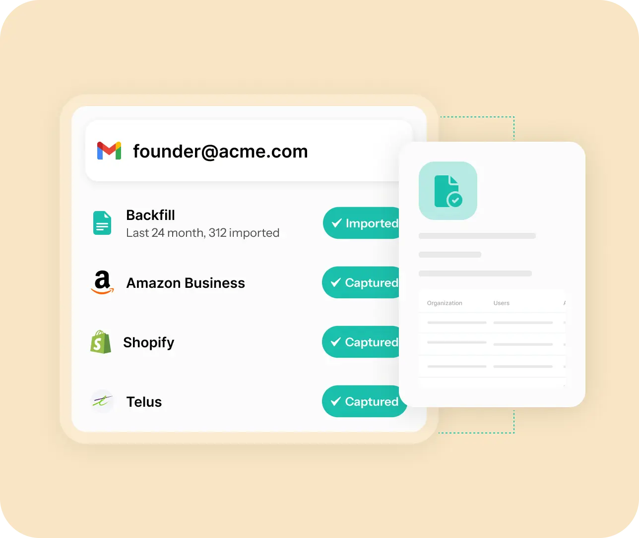 Spendifique connected to a Gmail inbox, importing 24 months of past documents and capturing new invoices from Amazon Business, Shopify, and Telus.