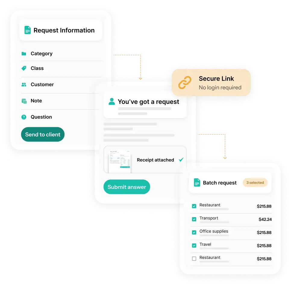 Spendifique sending a client a request for a receipt through a secure link with no login, and a batch request covering several transactions at once.