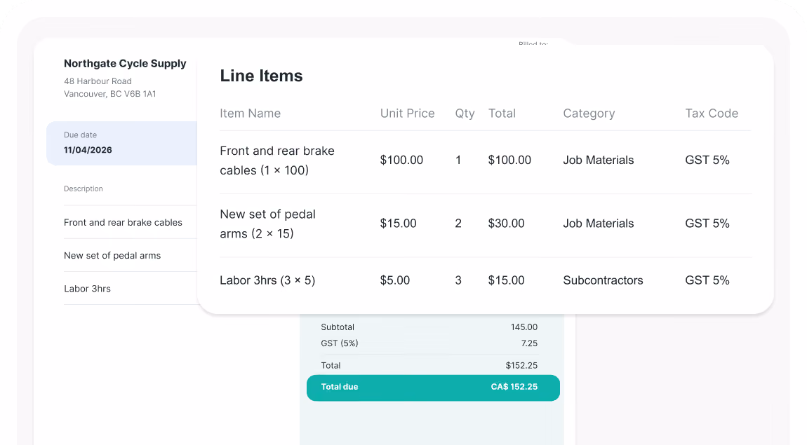Spendifique line items screen showing a supplier invoice split into three lines, each with unit price, quantity, total, category, and tax code.