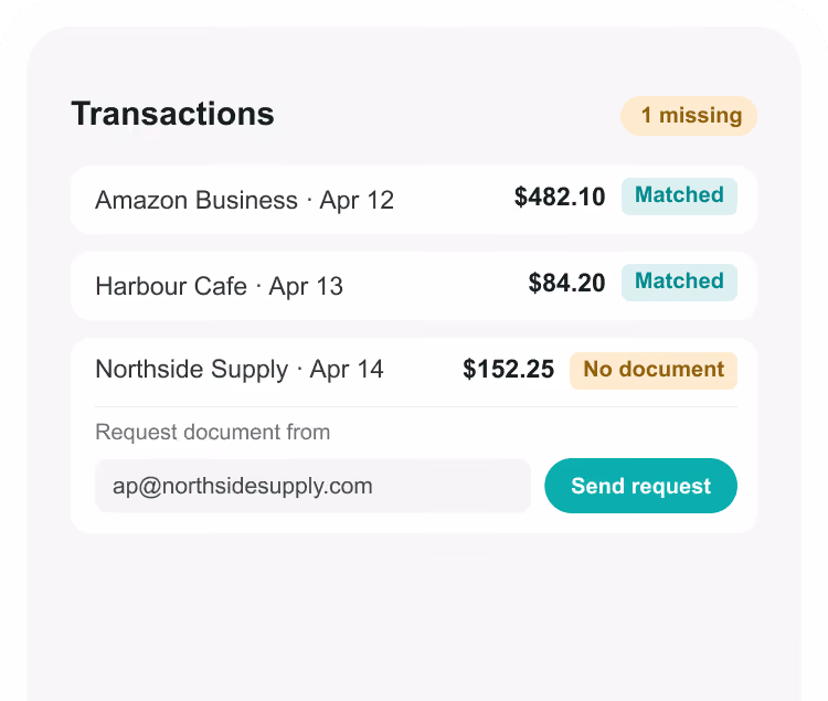 Spendifique transactions list flagging a payment with no receipt, with a field to request the document from the supplier by email.