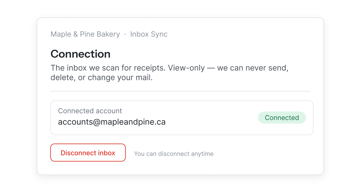 Inbox Sync connection settings showing a view-only connected email account and a Disconnect inbox button