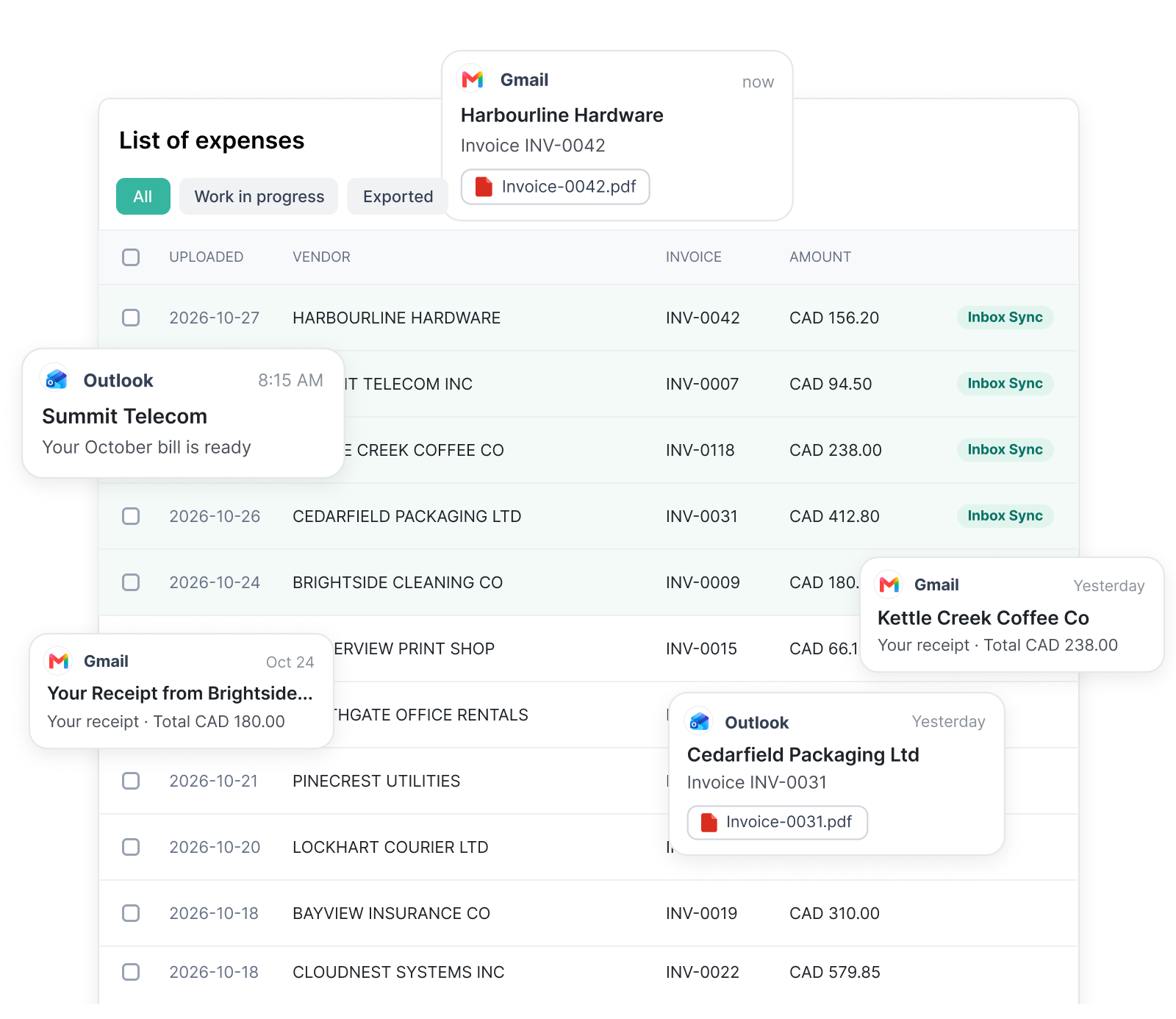 Spendifique expenses list with invoices tagged Inbox Sync, surrounded by Gmail and Outlook invoice notifications