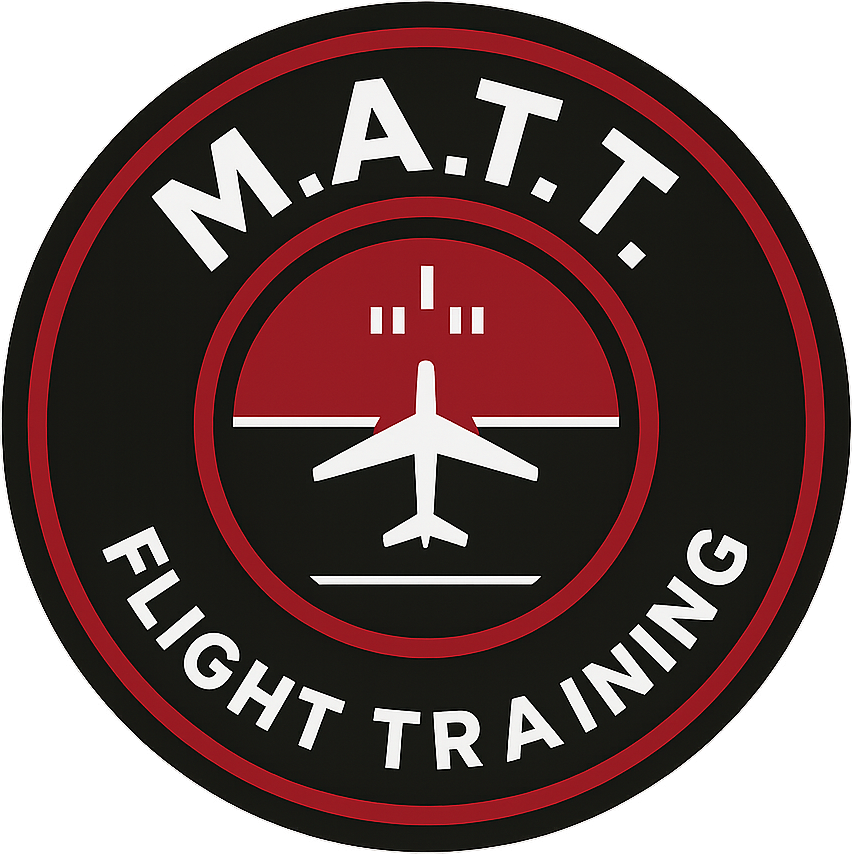 Round logo with a white airplane silhouette and runway markings inside red and black circles, text reads 'M.A.T.T. Flight Training'.