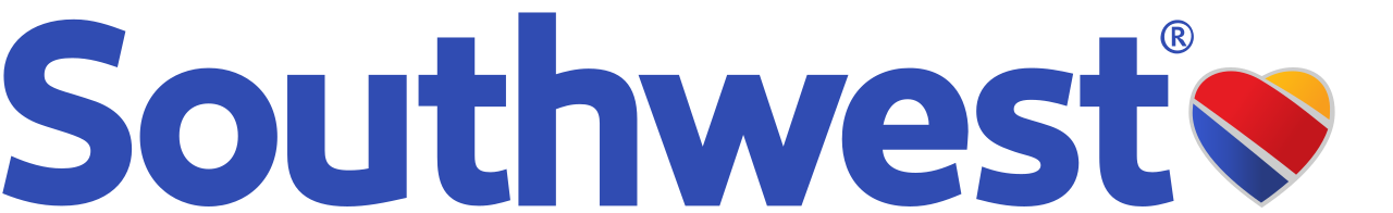 Southwest Airlines logo with blue text and a heart-shaped emblem in red, yellow, and blue.