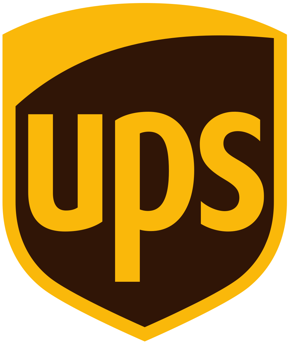 UPS logo with yellow letters on a brown shield background.