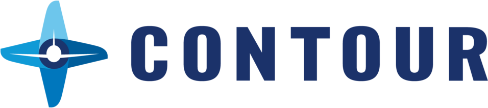 Contour company logo with stylized blue compass emblem to the left of bold navy blue text.
