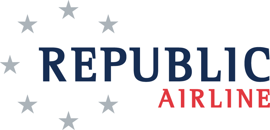 Republic Airline logo with dark blue text and seven gray stars arranged in a partial circle.