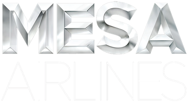 Mesa Airlines logo with large metallic silver letters spelling MESA and thin white letters spelling AIRLINES below.