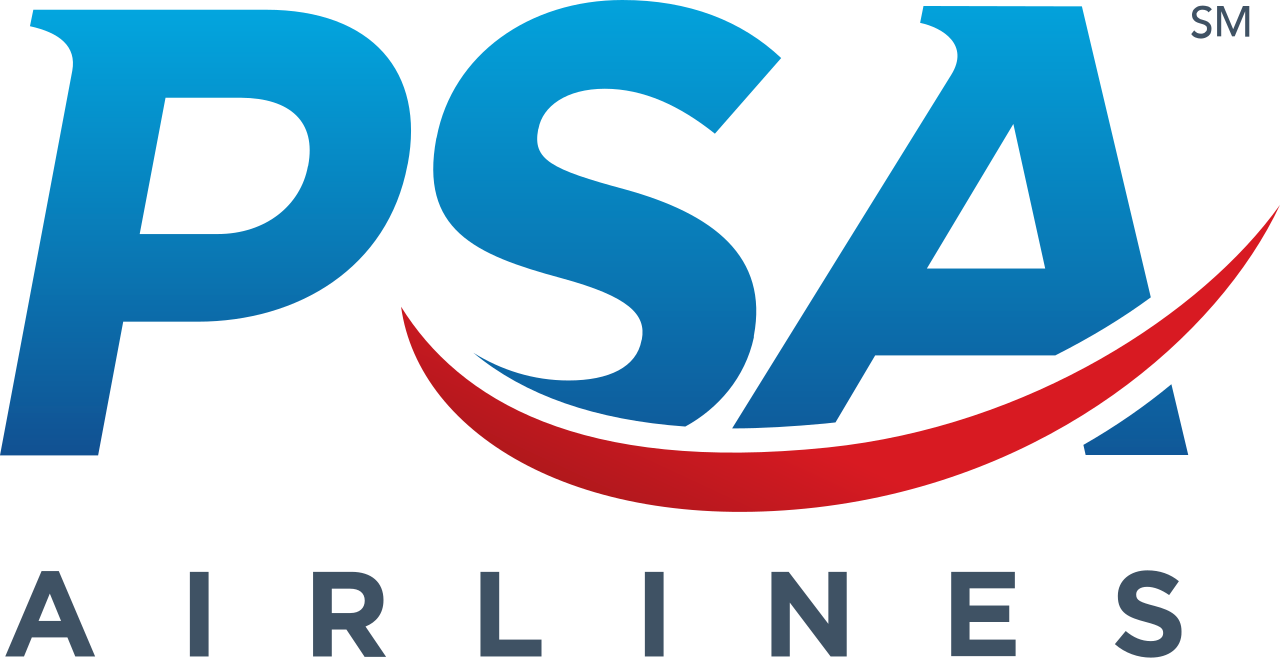 PSA Airlines logo with blue letters and a red swoosh underneath.