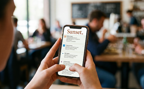Person holding smartphone displaying Sunset app with investment account details in a busy café.