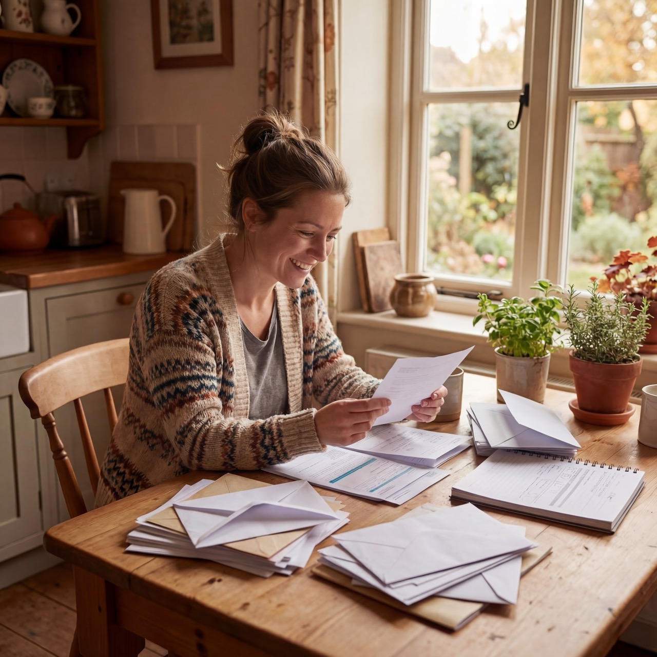 Smiling woman reading a letter at a wooden table covered with envelopes and documents near a window with potted plants.