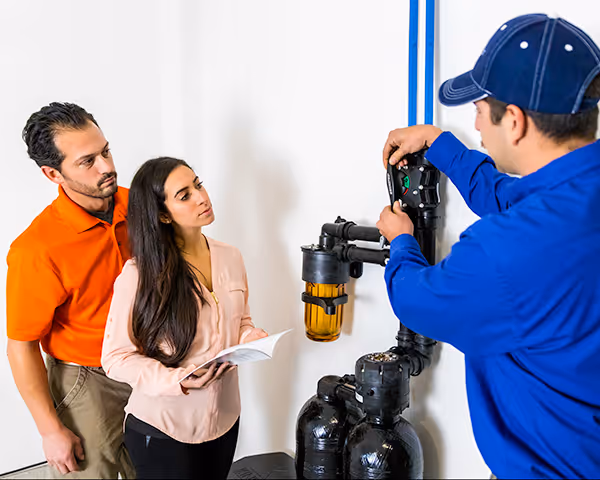 Water treatment technician meeting with customers