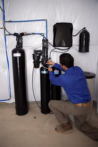 Technician servicing a water system