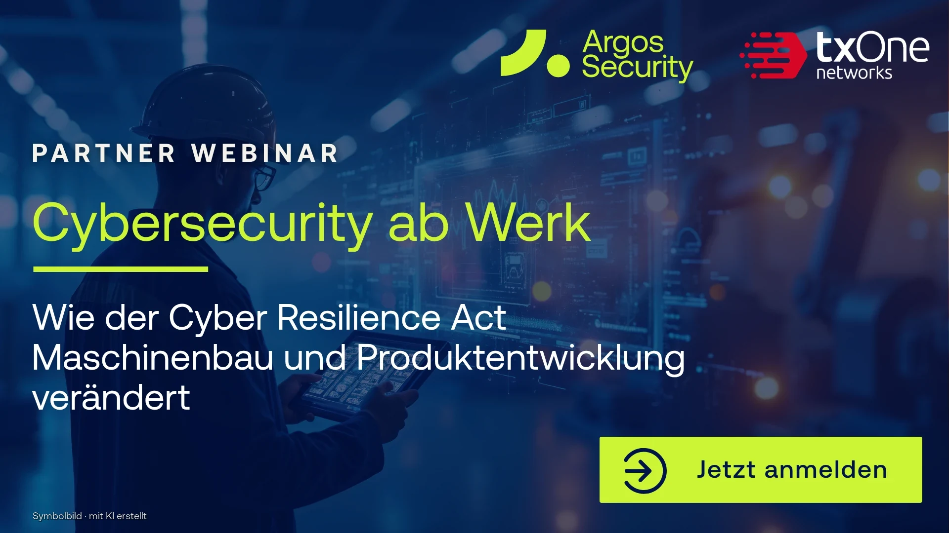 Partner-Webinar am 20. Oktober 2026: Cybersecurity ab Werk – Wie der Cyber Resilience Act Maschinenbau und Produktentwicklung verändert – Argos Security mit TXOne Networks (Symbolbild, mit KI erstellt)